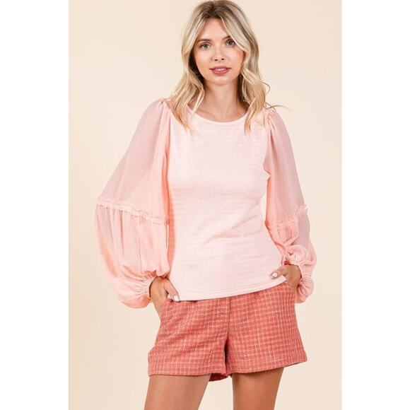 Mittoshop Mixed Media Textured Knit Chiffon Long Balloon Sleeves Blouse | Peach - Picture 3 of 5